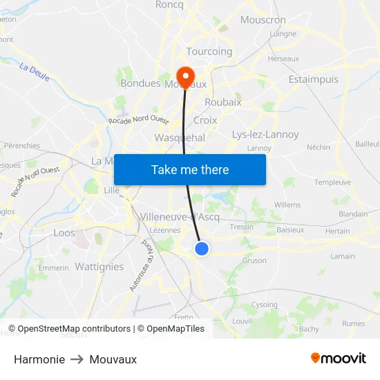 Harmonie to Mouvaux map