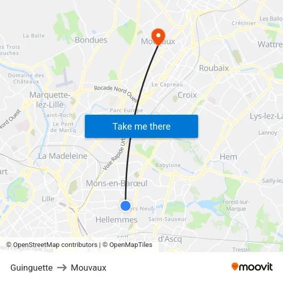 Guinguette to Mouvaux map