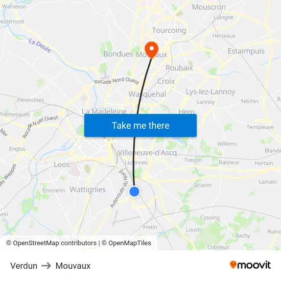 Verdun to Mouvaux map