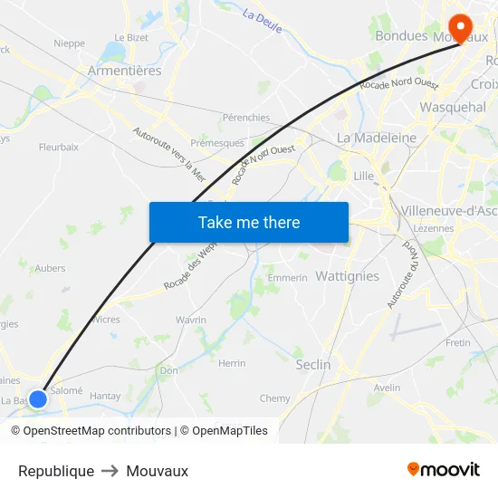 Republique to Mouvaux map