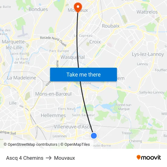 Ascq 4 Chemins to Mouvaux map