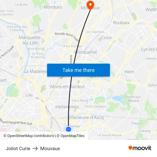 Joliot Curie to Mouvaux map