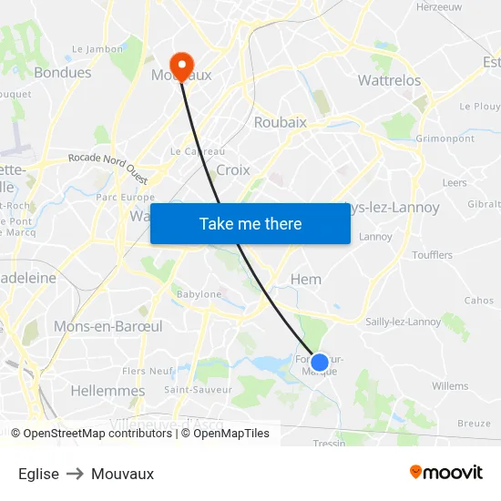 Eglise to Mouvaux map