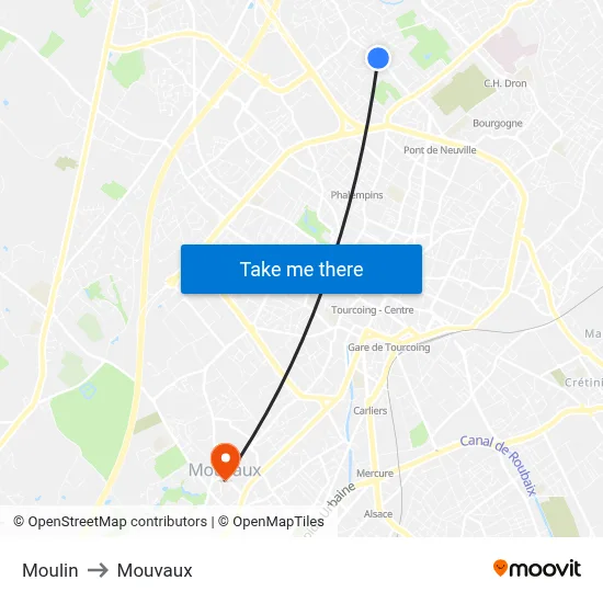 Moulin to Mouvaux map