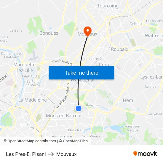 Les Pres-E. Pisani to Mouvaux map