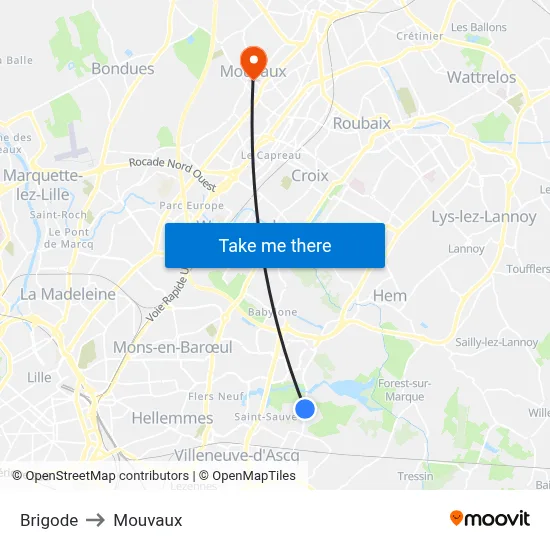 Brigode to Mouvaux map