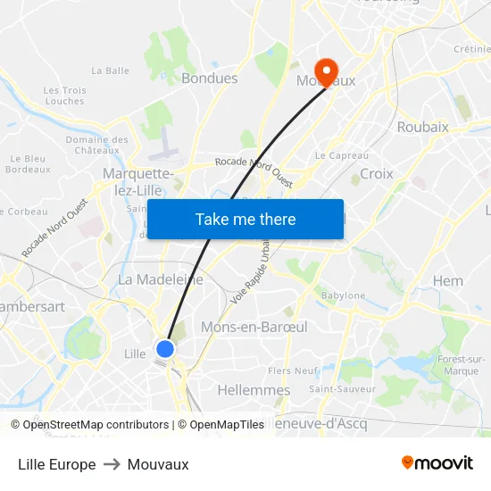 Lille Europe to Mouvaux map