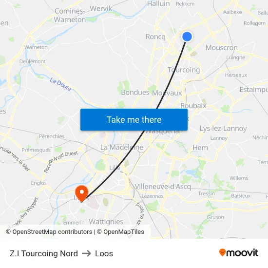Z.I Tourcoing Nord to Loos map