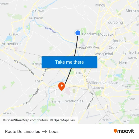 Route De Linselles to Loos map