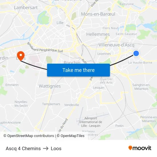 Ascq 4 Chemins to Loos map