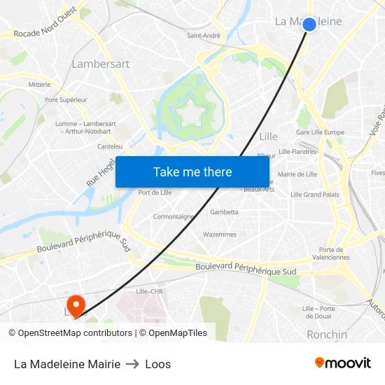 La Madeleine Mairie to Loos map