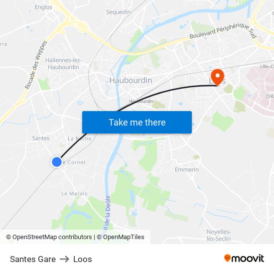 Santes Gare to Loos map