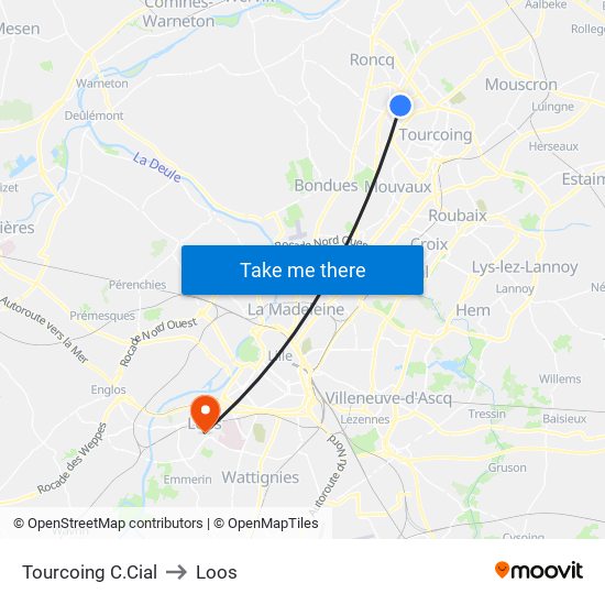 Tourcoing C.Cial to Loos map