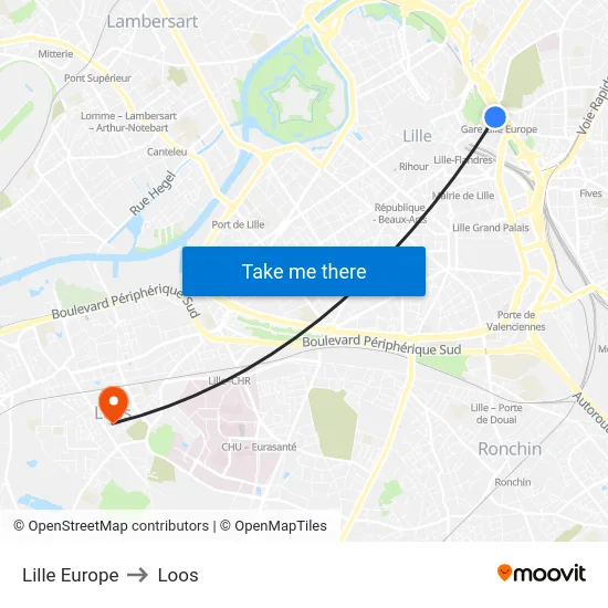 Lille Europe to Loos map