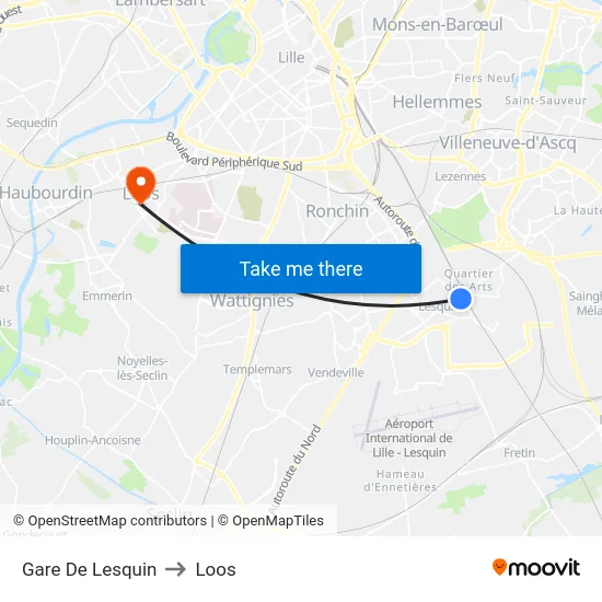 Gare De Lesquin to Loos map