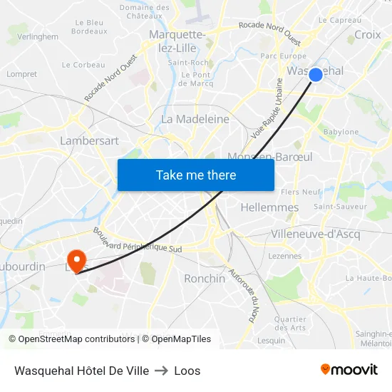 Wasquehal Hôtel De Ville to Loos map