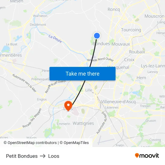 Petit Bondues to Loos map