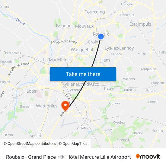 Roubaix - Grand Place to Hôtel Mercure Lille Aéroport map