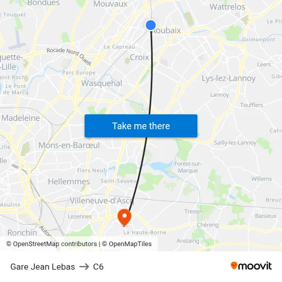 Gare Jean Lebas to C6 map