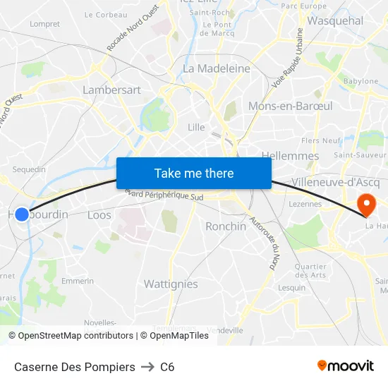Caserne Des Pompiers to C6 map