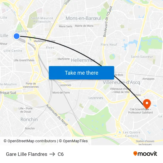 Gare Lille Flandres to C6 map