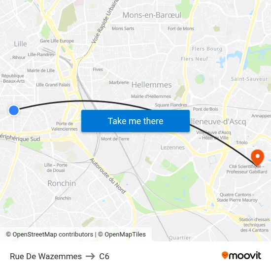 Rue De Wazemmes to C6 map