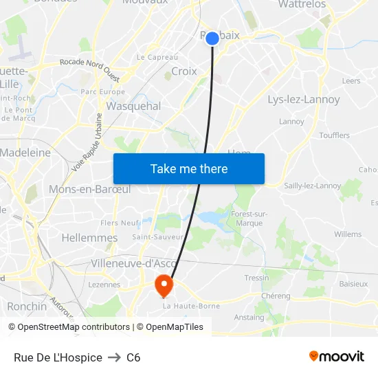 Rue De L'Hospice to C6 map
