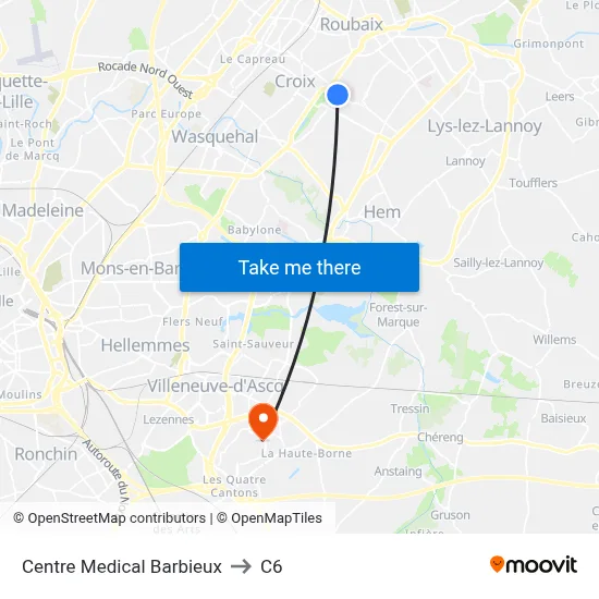 Centre Medical Barbieux to C6 map