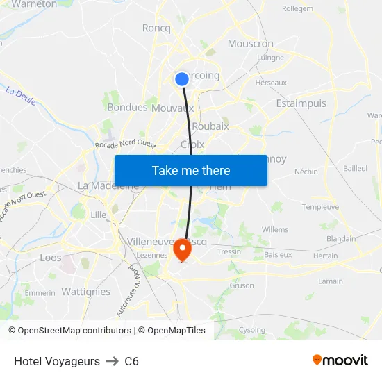 Hotel Voyageurs to C6 map