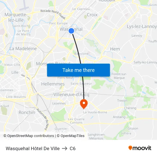 Wasquehal Hôtel De Ville to C6 map