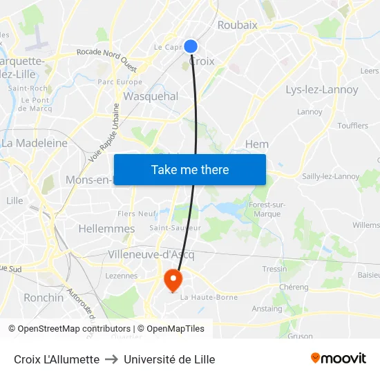 Croix L'Allumette to Université de Lille map