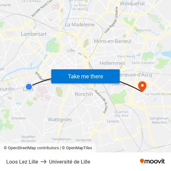 Loos Lez Lille to Université de Lille map