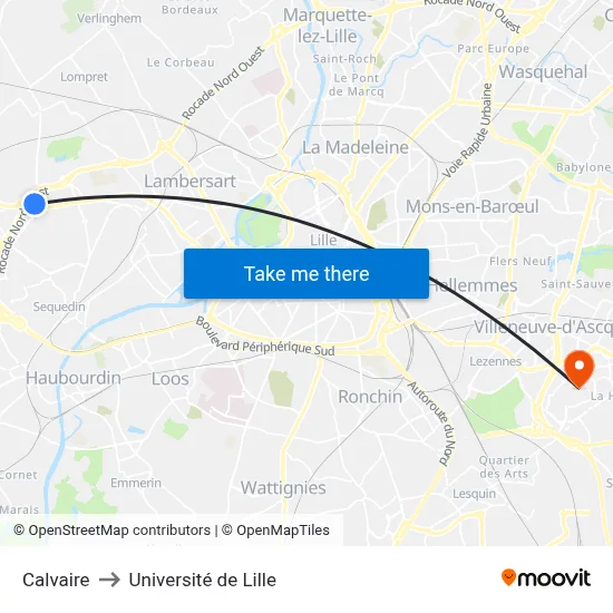Calvaire to Université de Lille map