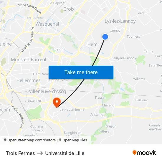 Trois Fermes to Université de Lille map
