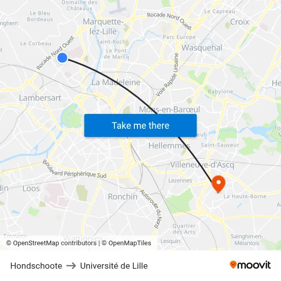 Hondschoote to Université de Lille map