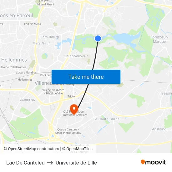 Lac De Canteleu to Université de Lille map