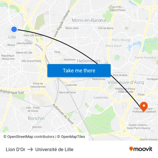 Lion D'Or to Université de Lille map