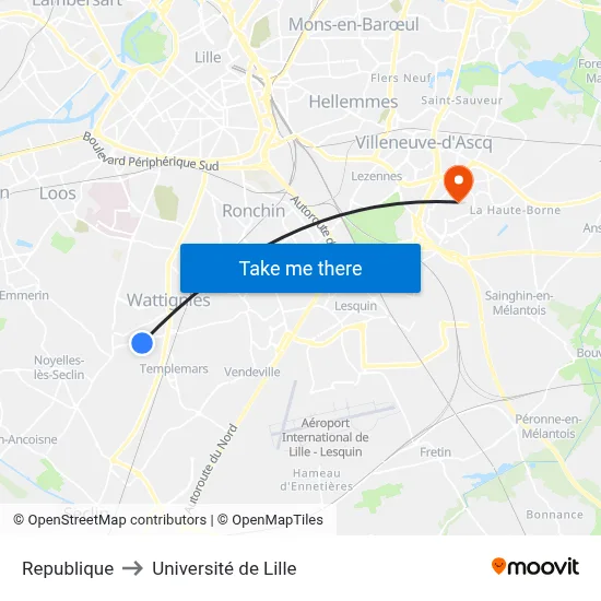 Republique to Université de Lille map