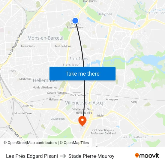 Les Prés Edgard Pisani to Stade Pierre-Mauroy map
