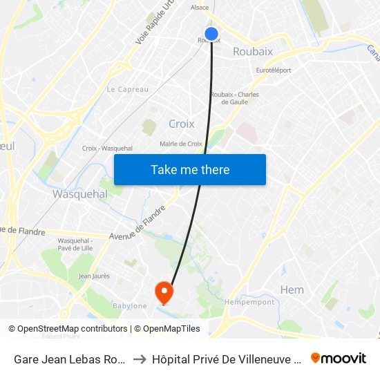 Gare Jean Lebas Roubaix to Hôpital Privé De Villeneuve D'Ascq map