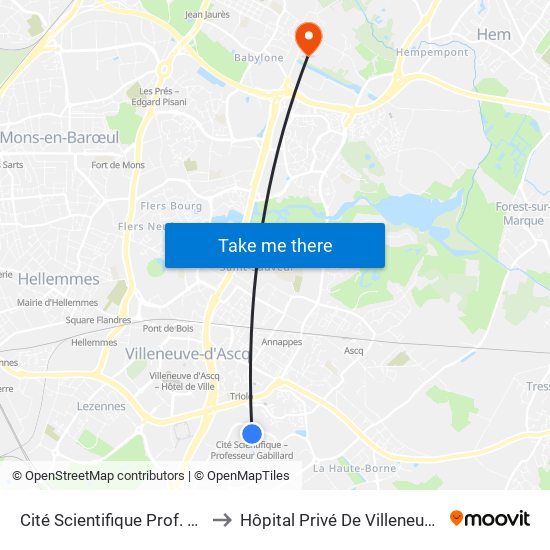 Cité Scientifique Prof. Gabillard to Hôpital Privé De Villeneuve D'Ascq map