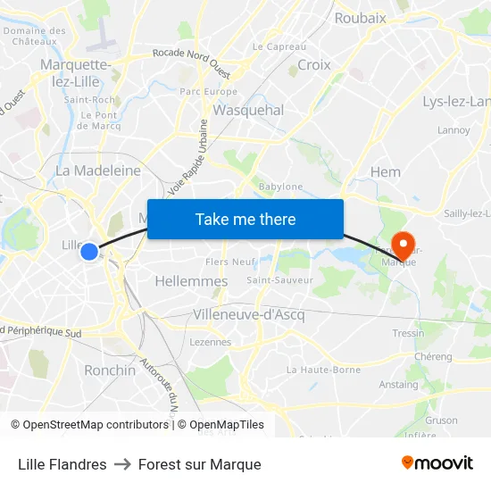 Lille Flandres to Forest sur Marque map