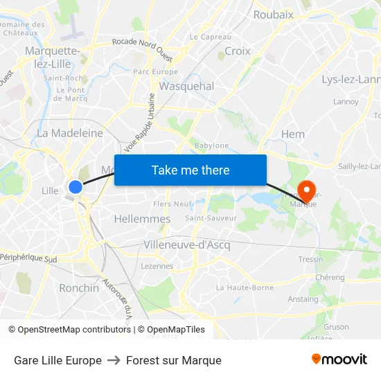 Gare Lille Europe to Forest sur Marque map