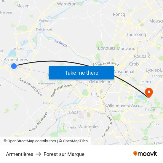 Armentières to Forest sur Marque map
