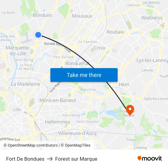 Fort De Bondues to Forest sur Marque map