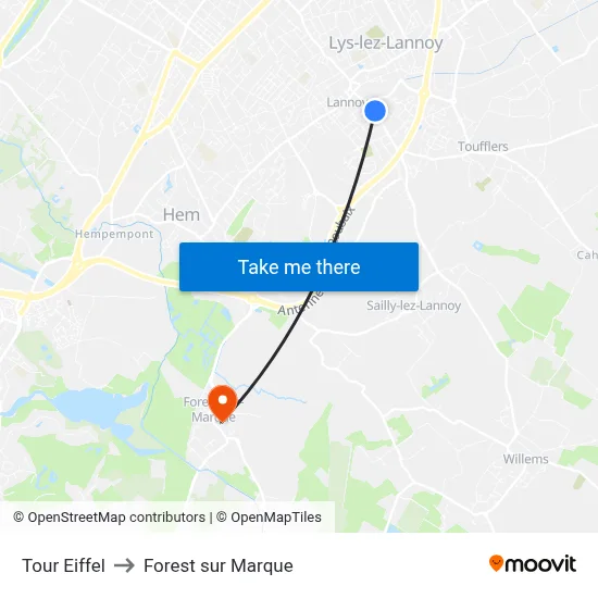 Tour Eiffel to Forest sur Marque map