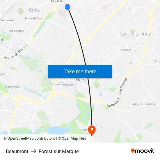 Beaumont to Forest sur Marque map