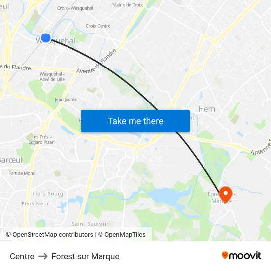 Centre to Forest sur Marque map