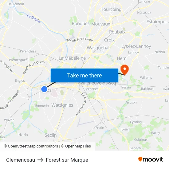 Clemenceau to Forest sur Marque map