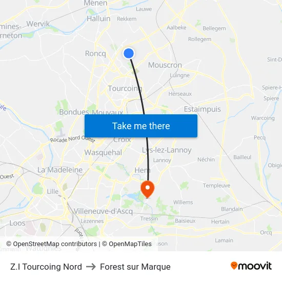 Z.I Tourcoing Nord to Forest sur Marque map